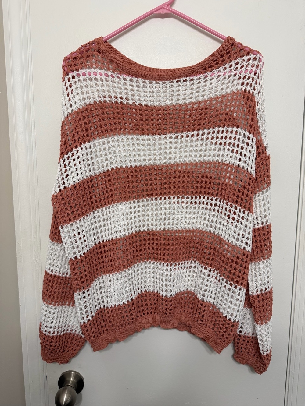 Striped Open-Knit Sweater - Rust and White